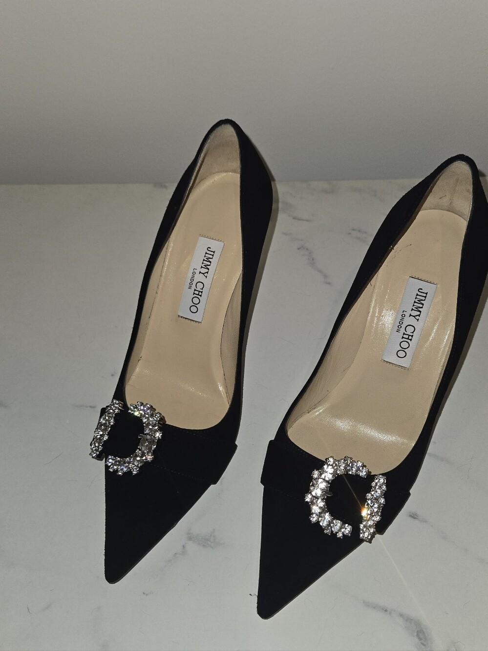 Jimmy Choo Black Suede Crystal Buckle Pointed-Toe Pumps 39.5